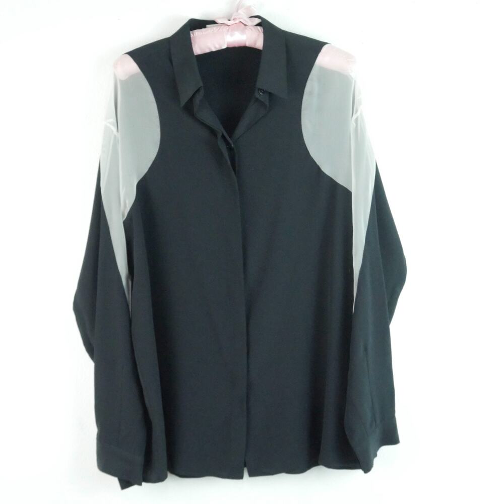 Stella McCartney Size 42 Blouse 100% Silk Black Sheer Panel Luxury Button Up Top